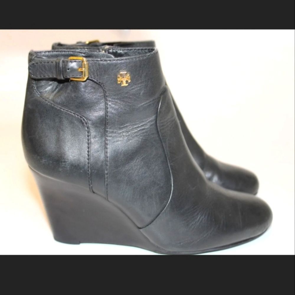Tory Burch Womens 7 M Leather Wedge Heeled Zip Ankle Boots 👢 Booties - Picture 4 of 13